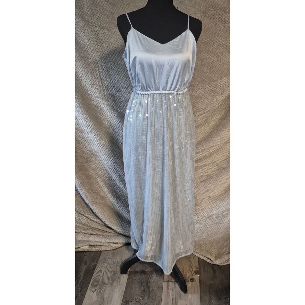 Halogen Light Gray Sequin Mesh Maxi Dress Satin Bodice V-Neck Small